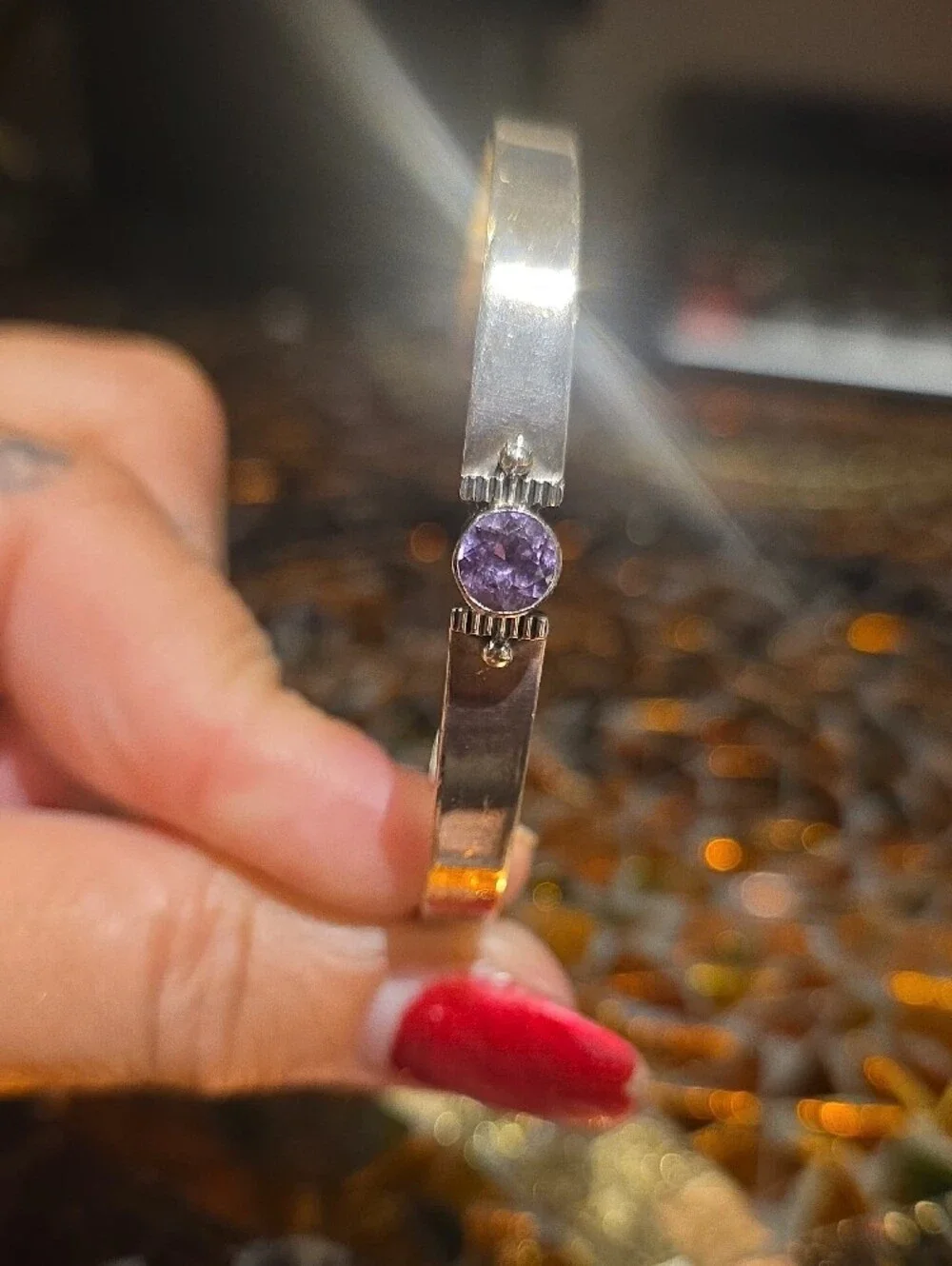 Sterling Silver Bangle Bracelet with Purple Gemstone